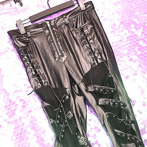 VINYL BUCKLE PANTS XS Devil Fashion Fishnet Cyber Goth Bikercore PVC PU Black - Picture 2 of 15